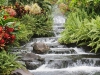 A cascading waterfall, flanked by flowers.